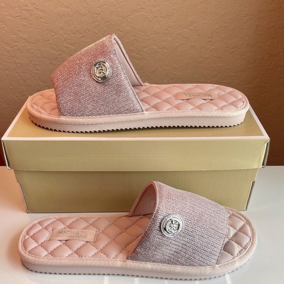 Michael Kors Womens Size 8 Janis Pink Sports MK Logo Slides Sandals - Picture 8 of 8